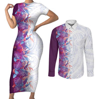 Hawaii Tropical Plant Poni Couples Matching Short Sleeve Bodycon Dress and Long Sleeve Button Shirt Vibrant Polynesian Pattern