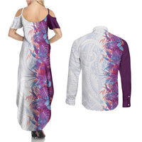 Hawaii Tropical Plant Poni Couples Matching Summer Maxi Dress and Long Sleeve Button Shirt Vibrant Polynesian Pattern