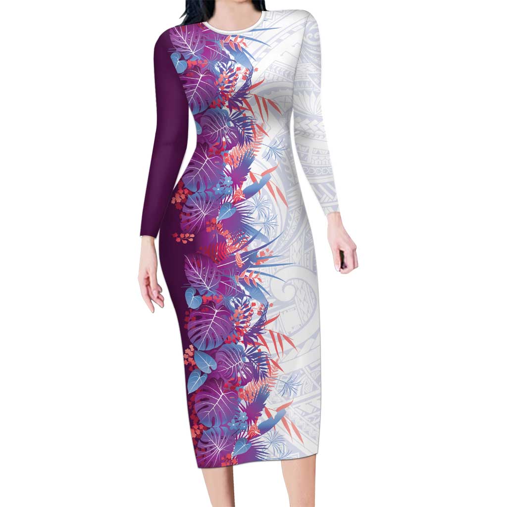 Hawaii Tropical Plant Poni Family Matching Long Sleeve Bodycon Dress and Hawaiian Shirt Vibrant Polynesian Pattern LT01 Mom's Dress Purple - Polynesian Pride