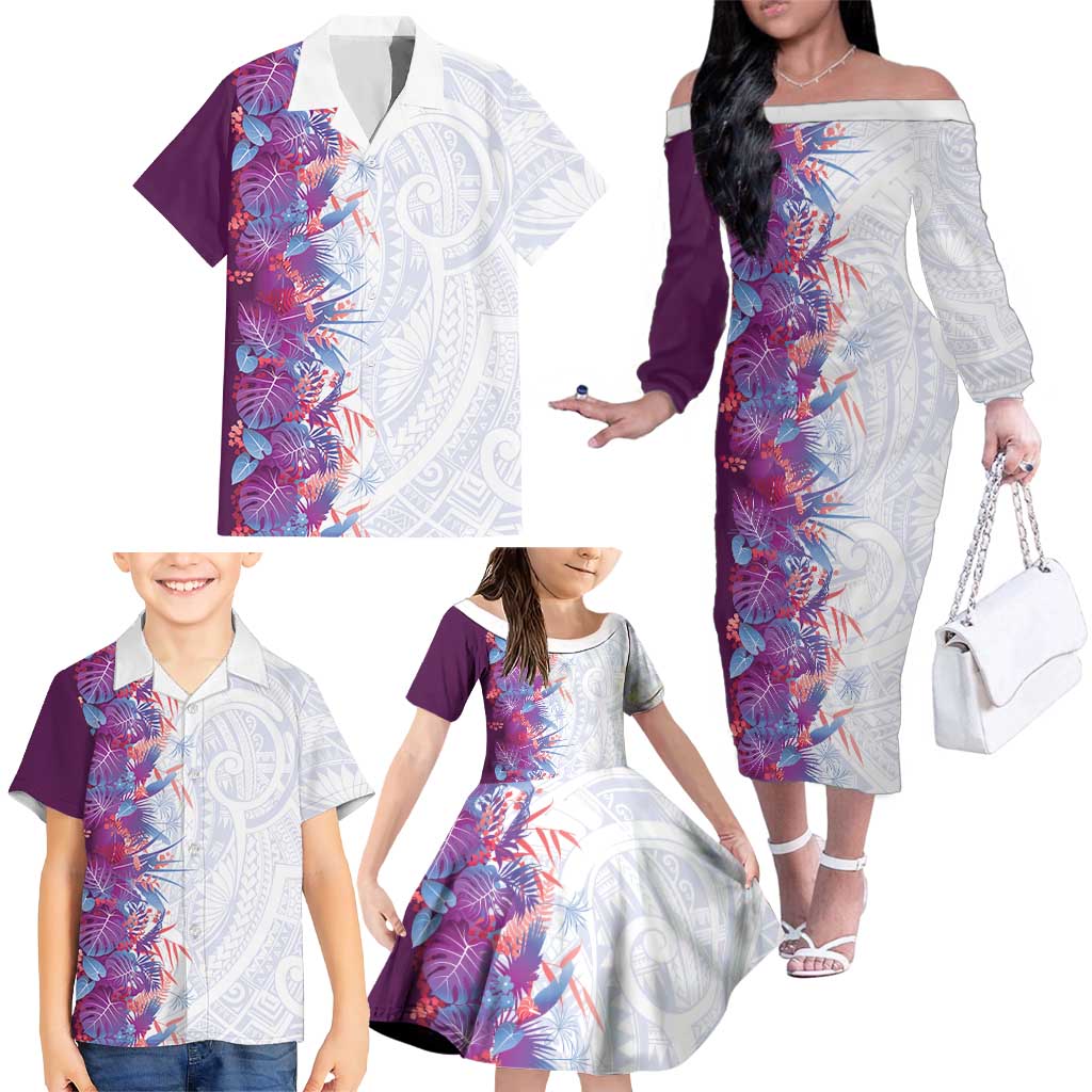 Hawaii Tropical Plant Poni Family Matching Off The Shoulder Long Sleeve Dress and Hawaiian Shirt Vibrant Polynesian Pattern