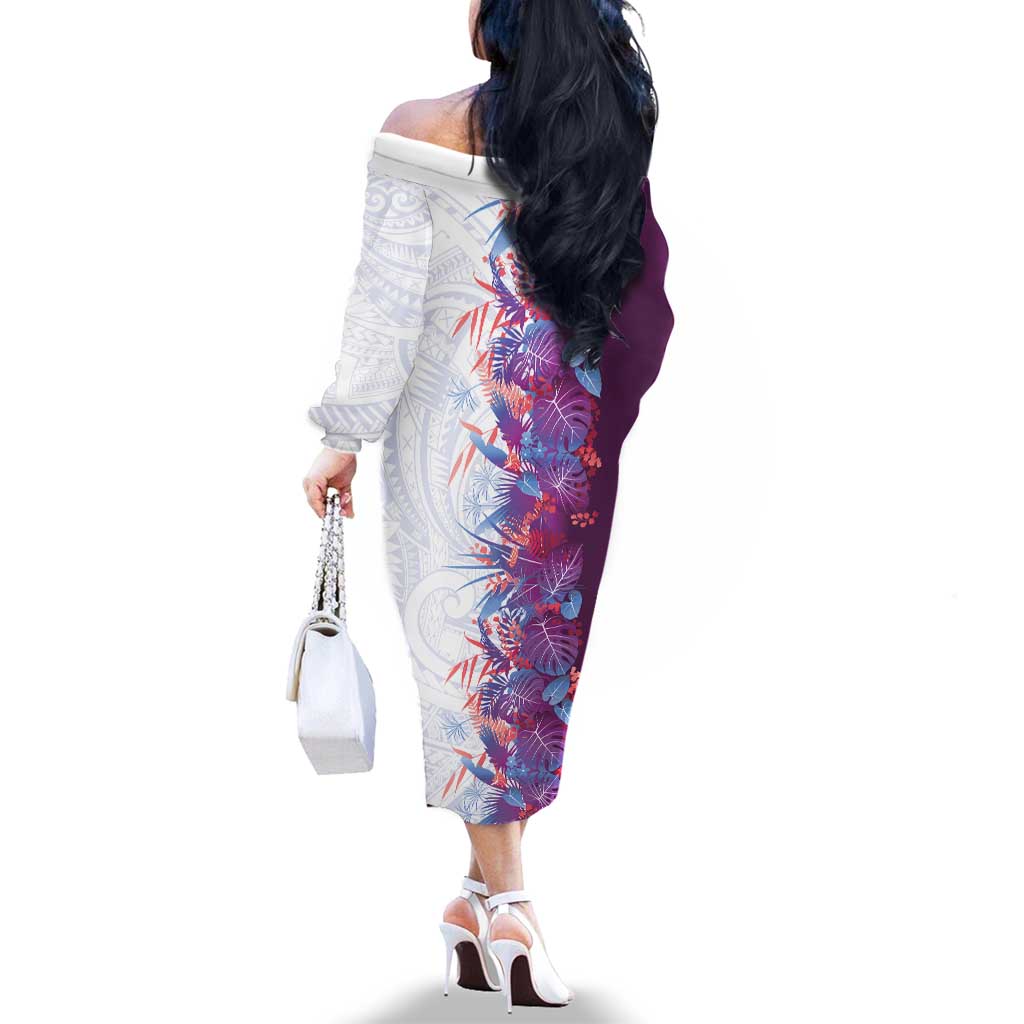 Hawaii Tropical Plant Poni Family Matching Off The Shoulder Long Sleeve Dress and Hawaiian Shirt Vibrant Polynesian Pattern LT01 - Polynesian Pride