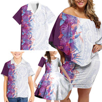 Hawaii Tropical Plant Poni Family Matching Off Shoulder Short Dress and Hawaiian Shirt Vibrant Polynesian Pattern