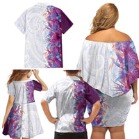 Hawaii Tropical Plant Poni Family Matching Off Shoulder Short Dress and Hawaiian Shirt Vibrant Polynesian Pattern