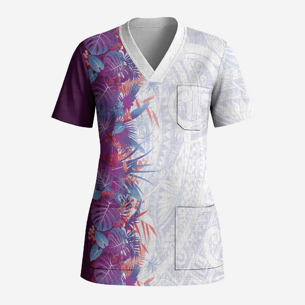 Hawaii Tropical Plant Poni Scrub Top Vibrant Polynesian Pattern
