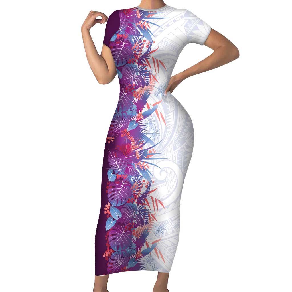 Hawaii Tropical Plant Poni Short Sleeve Bodycon Dress Vibrant Polynesian Pattern
