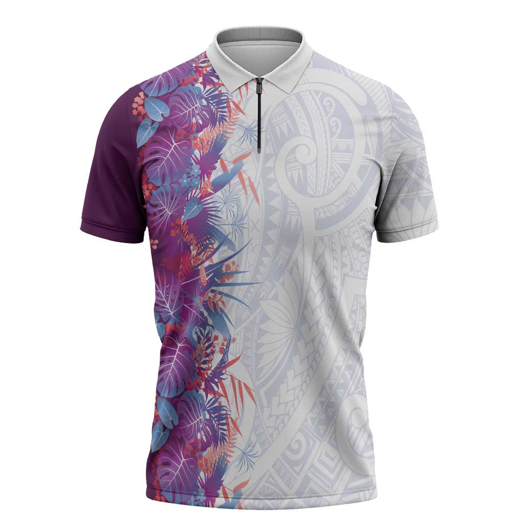 Hawaii Tropical Plant Poni Zipper Polo Shirt Vibrant Polynesian Pattern