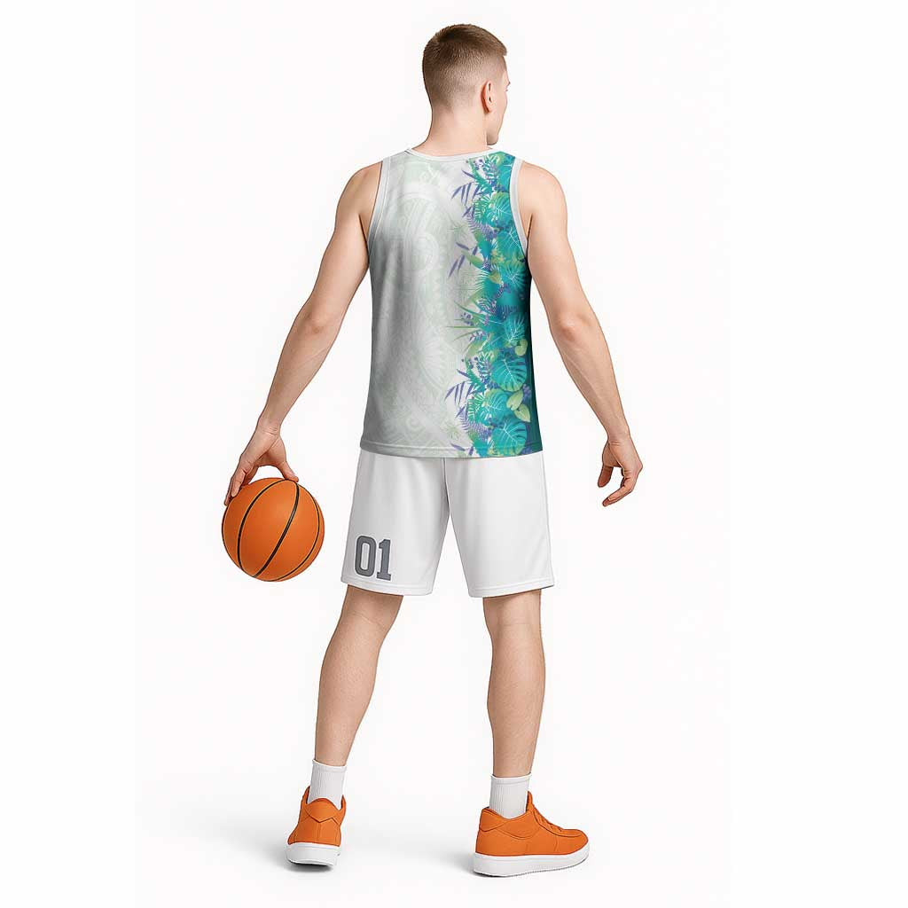 Hawaii Tropical Plant Teal Basketball Jersey Vibrant Polynesian Pattern