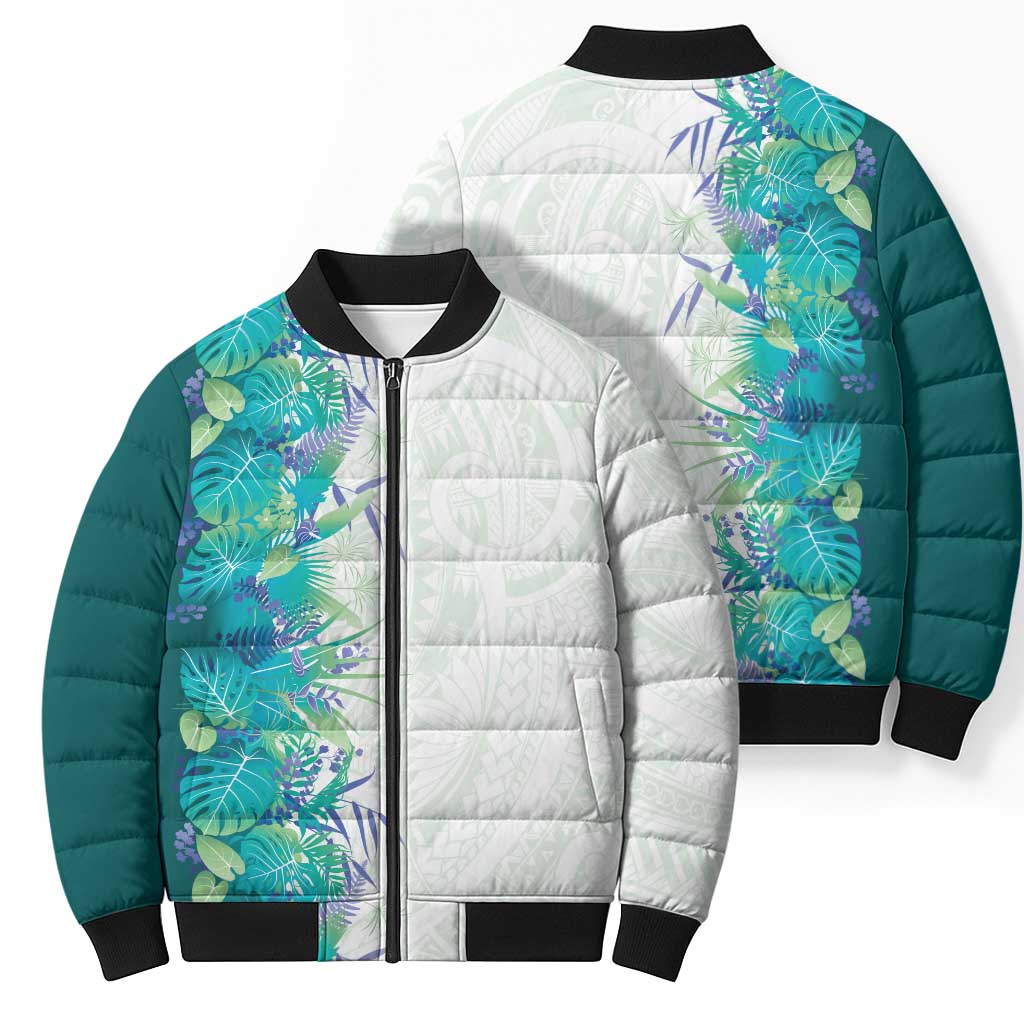 Hawaii Tropical Plant Teal Bomber Puffer Jacket Vibrant Polynesian Pattern