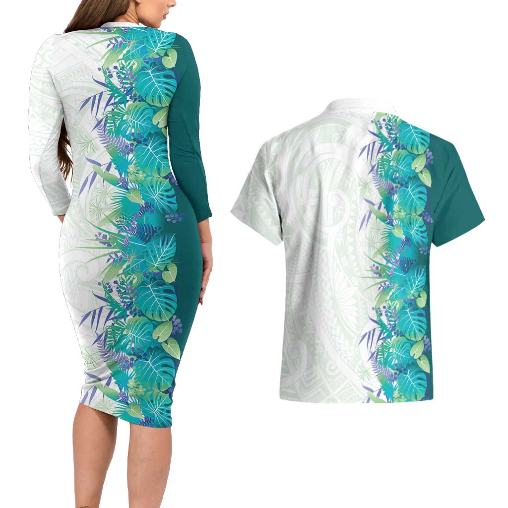 Hawaii Tropical Plant Teal Couples Matching Long Sleeve Bodycon Dress and Hawaiian Shirt Vibrant Polynesian Pattern