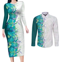 Hawaii Tropical Plant Teal Couples Matching Long Sleeve Bodycon Dress and Long Sleeve Button Shirt Vibrant Polynesian Pattern