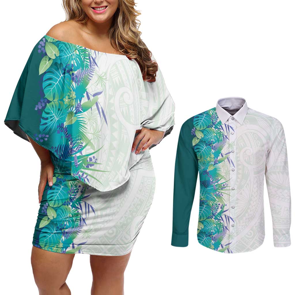 Hawaii Tropical Plant Teal Couples Matching Off Shoulder Short Dress and Long Sleeve Button Shirt Vibrant Polynesian Pattern