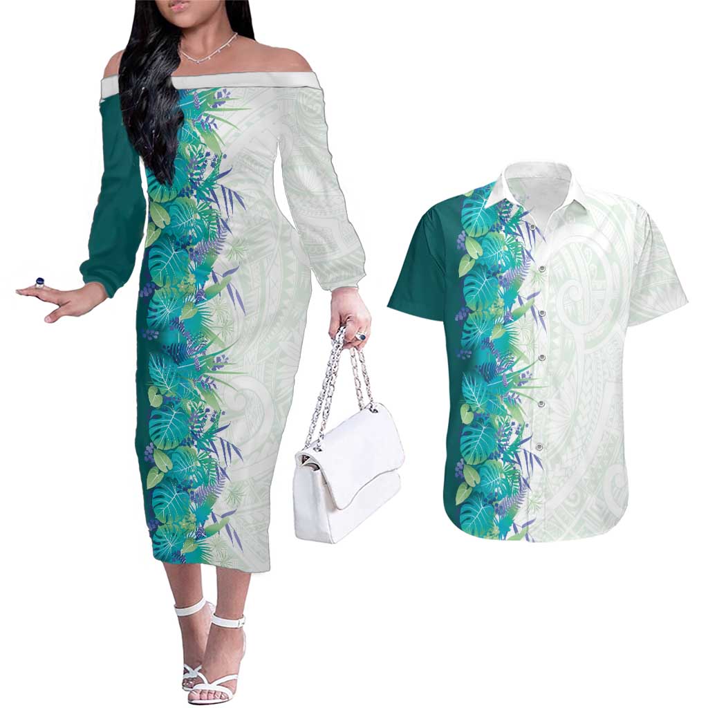 Hawaii Tropical Plant Teal Couples Matching Off The Shoulder Long Sleeve Dress and Hawaiian Shirt Vibrant Polynesian Pattern