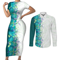 Hawaii Tropical Plant Teal Couples Matching Short Sleeve Bodycon Dress and Long Sleeve Button Shirt Vibrant Polynesian Pattern