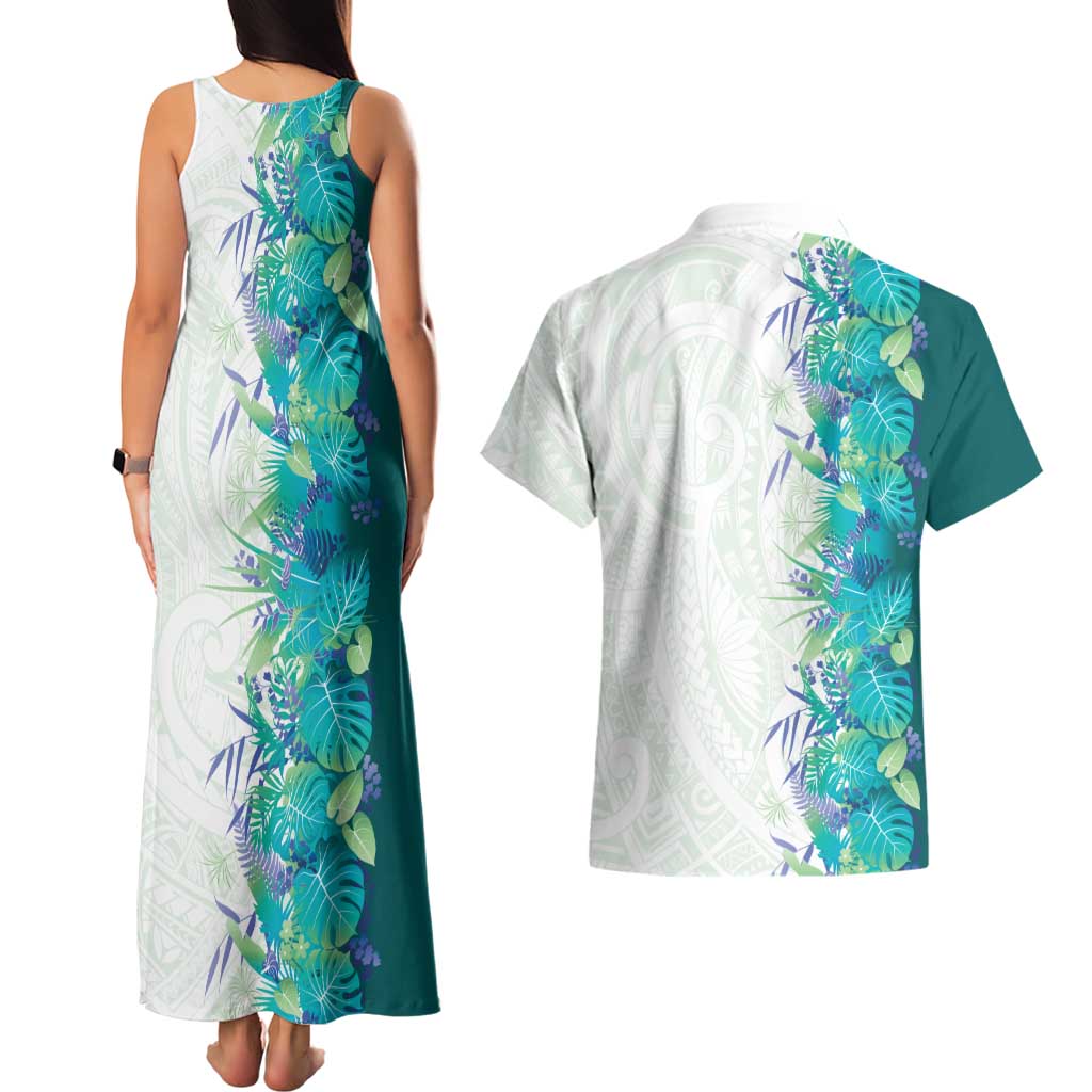 Hawaii Tropical Plant Teal Couples Matching Tank Maxi Dress and Hawaiian Shirt Vibrant Polynesian Pattern