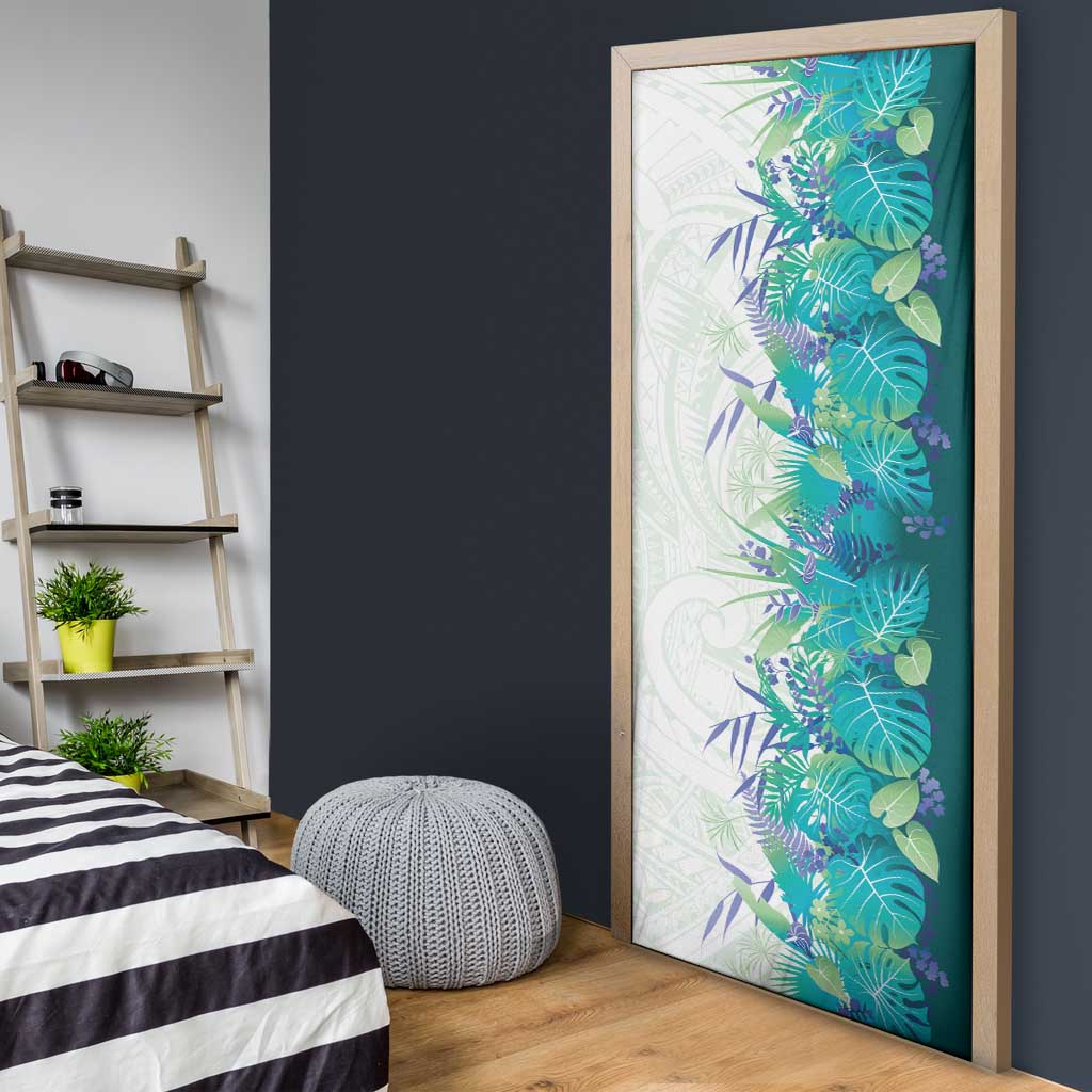 Hawaii Tropical Plant Teal Door Cover Vibrant Polynesian Pattern