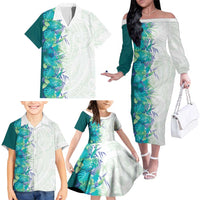 Hawaii Tropical Plant Teal Family Matching Off The Shoulder Long Sleeve Dress and Hawaiian Shirt Vibrant Polynesian Pattern LT01 - Polynesian Pride
