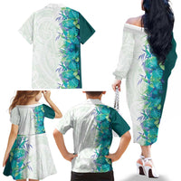 Hawaii Tropical Plant Teal Family Matching Off The Shoulder Long Sleeve Dress and Hawaiian Shirt Vibrant Polynesian Pattern LT01 - Polynesian Pride