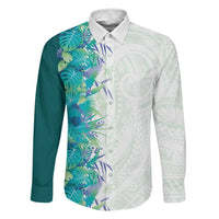Hawaii Tropical Plant Teal Family Matching Off The Shoulder Long Sleeve Dress and Hawaiian Shirt Vibrant Polynesian Pattern LT01 Dad's Shirt - Long Sleeve Teal - Polynesian Pride