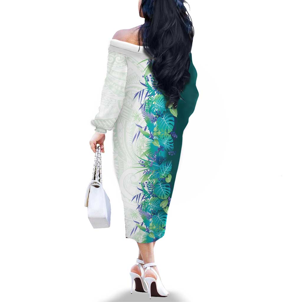 Hawaii Tropical Plant Teal Family Matching Off The Shoulder Long Sleeve Dress and Hawaiian Shirt Vibrant Polynesian Pattern LT01 - Polynesian Pride