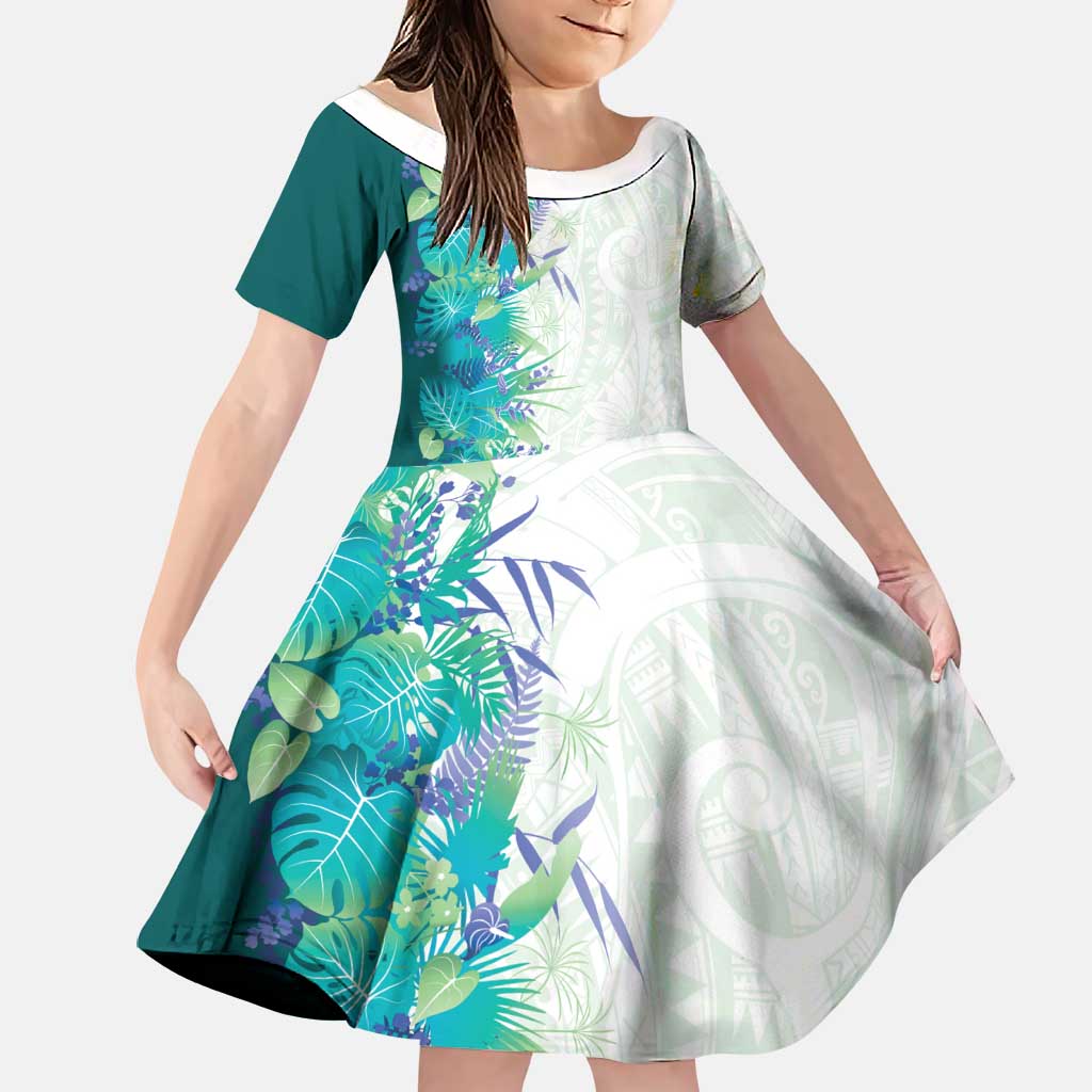 Hawaii Tropical Plant Teal Family Matching Off Shoulder Maxi Dress and Hawaiian Shirt Vibrant Polynesian Pattern