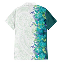 Hawaii Tropical Plant Teal Family Matching Off Shoulder Short Dress and Hawaiian Shirt Vibrant Polynesian Pattern