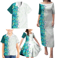 Hawaii Tropical Plant Teal Family Matching Puletasi and Hawaiian Shirt Vibrant Polynesian Pattern