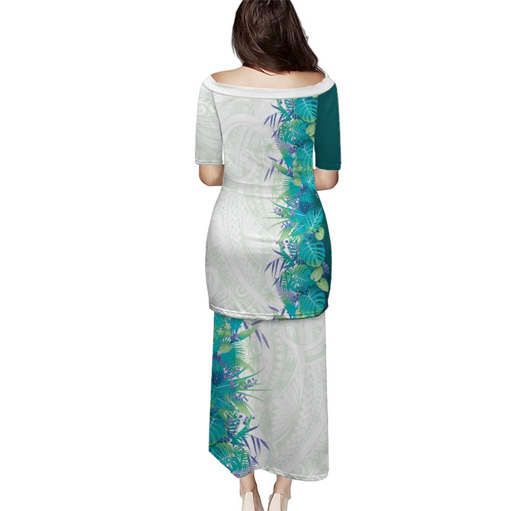 Hawaii Tropical Plant Teal Family Matching Puletasi and Hawaiian Shirt Vibrant Polynesian Pattern