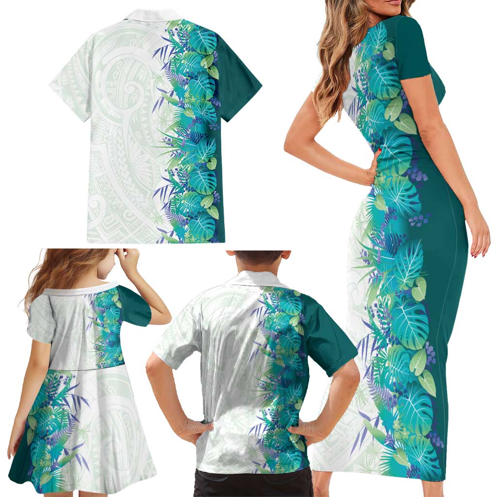 Hawaii Tropical Plant Teal Family Matching Short Sleeve Bodycon Dress and Hawaiian Shirt Vibrant Polynesian Pattern