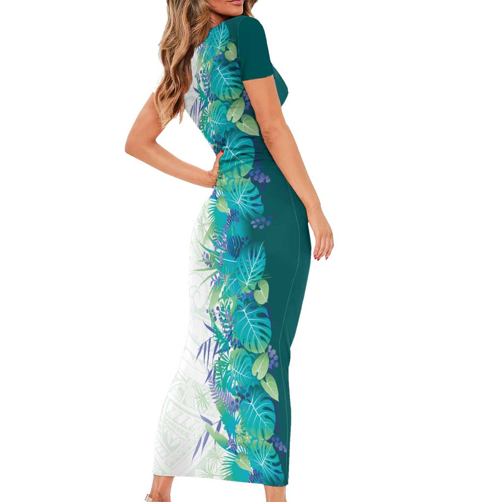 Hawaii Tropical Plant Teal Family Matching Short Sleeve Bodycon Dress and Hawaiian Shirt Vibrant Polynesian Pattern
