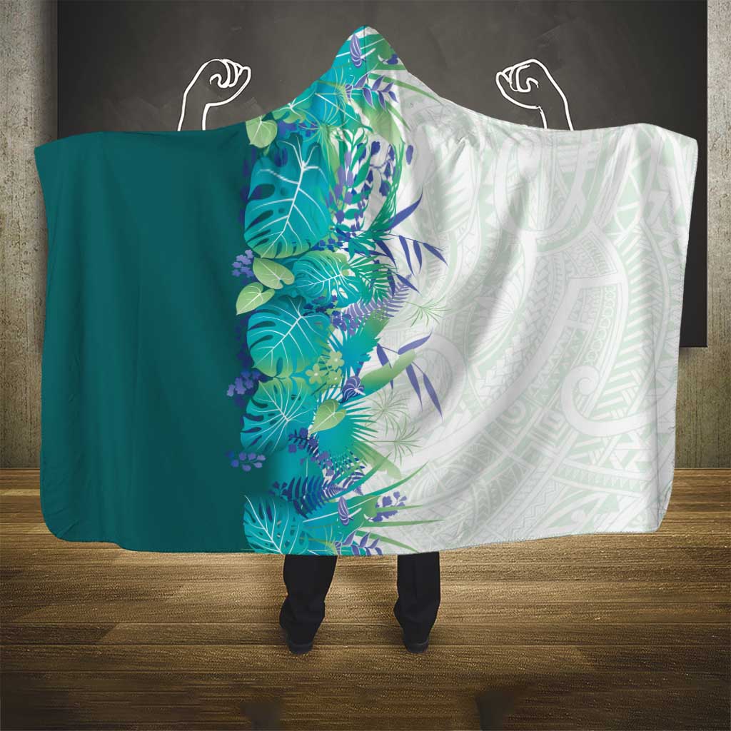 Hawaii Tropical Plant Teal Hooded Blanket Vibrant Polynesian Pattern