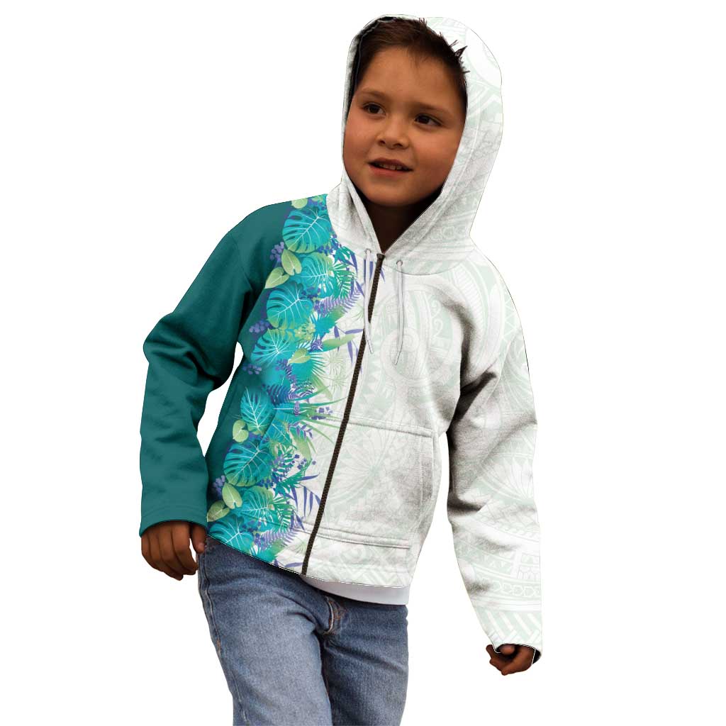 Hawaii Tropical Plant Teal Kid Hoodie Vibrant Polynesian Pattern