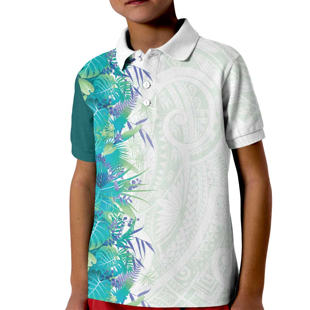 Hawaii Tropical Plant Teal Kid Polo Shirt Vibrant Polynesian Pattern