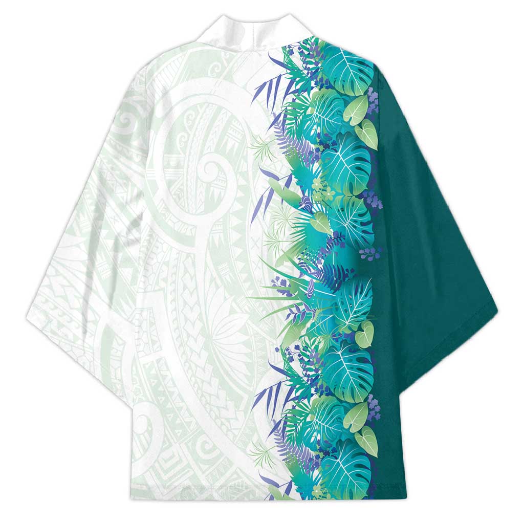 Hawaii Tropical Plant Teal Kimono Vibrant Polynesian Pattern