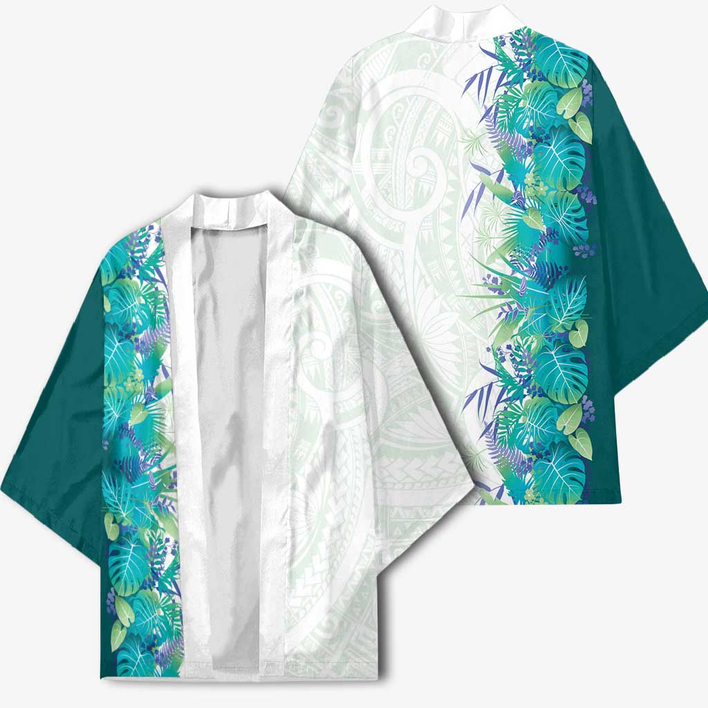 Hawaii Tropical Plant Teal Kimono Vibrant Polynesian Pattern