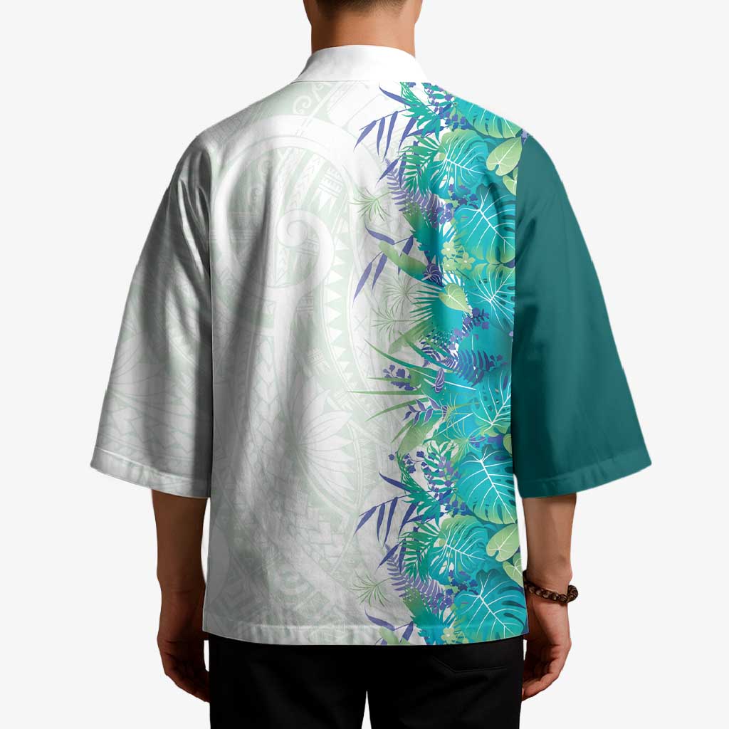 Hawaii Tropical Plant Teal Kimono Vibrant Polynesian Pattern