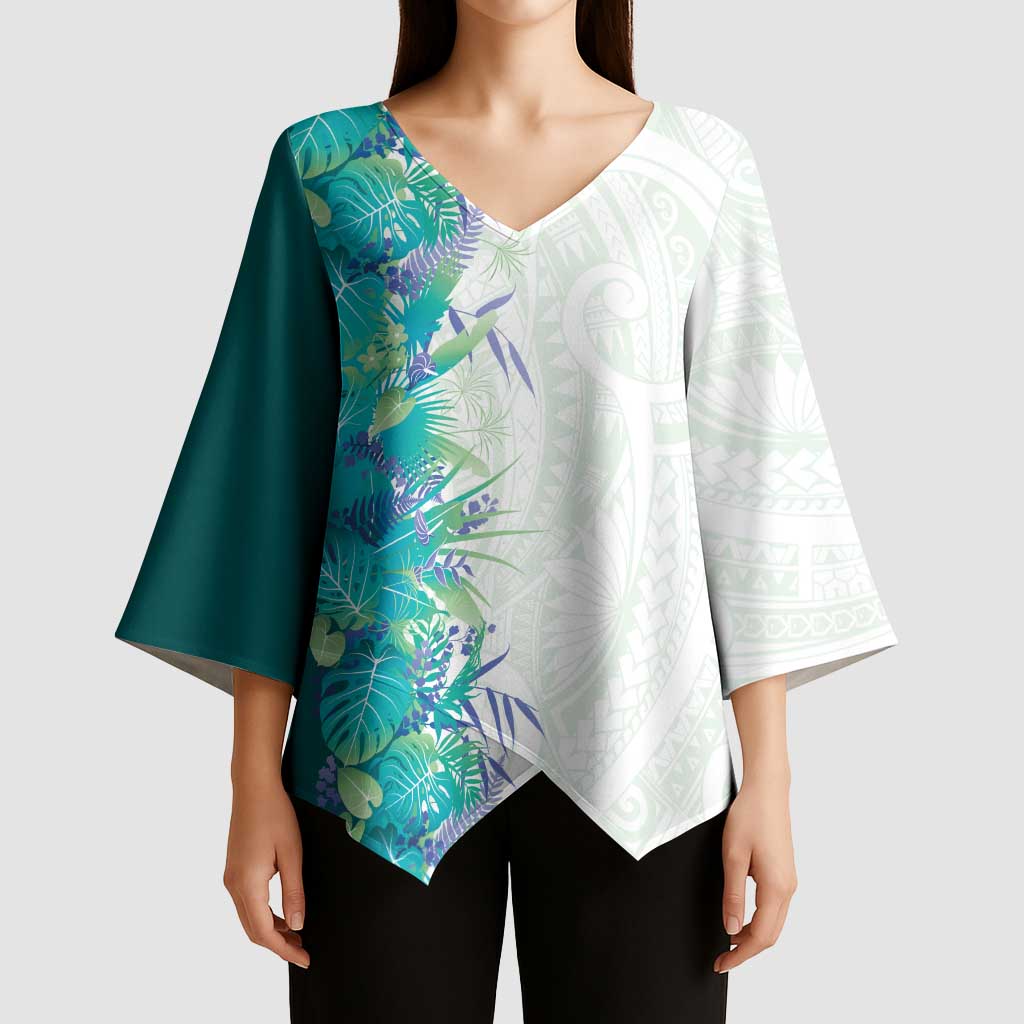Hawaii Tropical Plant Teal Kimono Sleeve Blouse Vibrant Polynesian Pattern