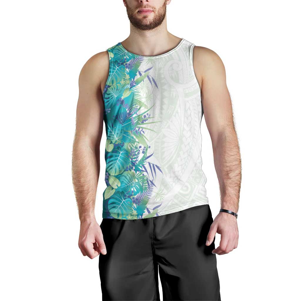 Hawaii Tropical Plant Teal Men Tank Top Vibrant Polynesian Pattern