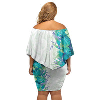 Hawaii Tropical Plant Teal Off Shoulder Short Dress Vibrant Polynesian Pattern