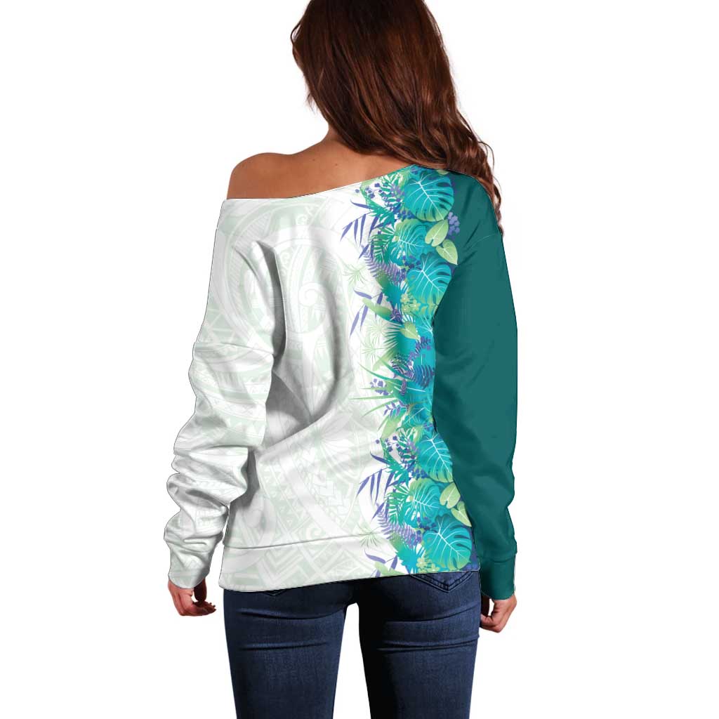 Hawaii Tropical Plant Teal Off Shoulder Sweater Vibrant Polynesian Pattern