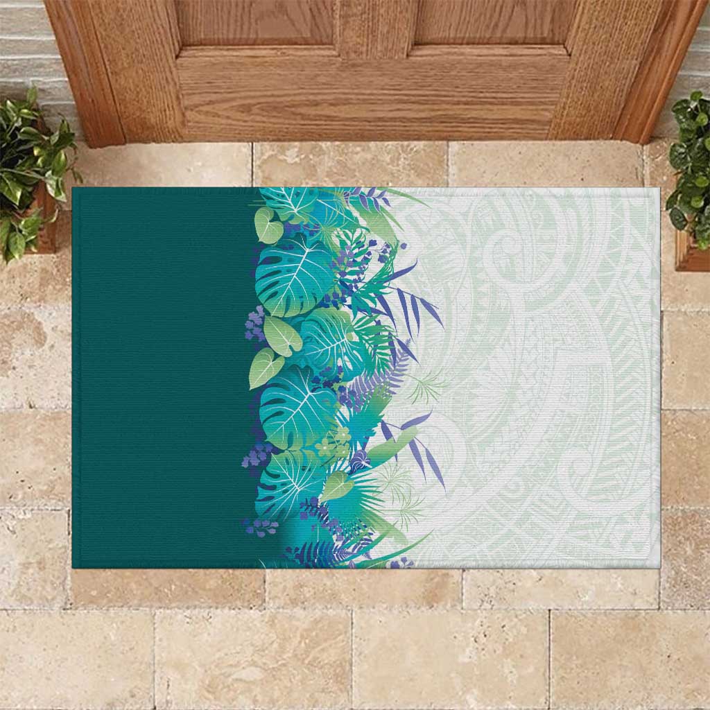 Hawaii Tropical Plant Teal Rubber Doormat Vibrant Polynesian Pattern