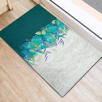 Hawaii Tropical Plant Teal Rubber Doormat Vibrant Polynesian Pattern