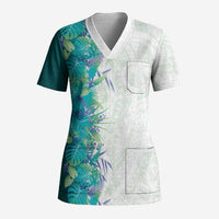 Hawaii Tropical Plant Teal Scrub Top Vibrant Polynesian Pattern