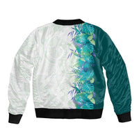 Hawaii Tropical Plant Teal Sleeve Zip Bomber Jacket Vibrant Polynesian Pattern
