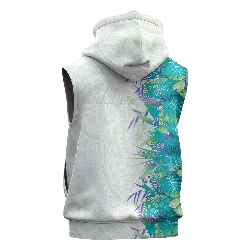 Hawaii Tropical Plant Teal Sleeveless Hoodie Vibrant Polynesian Pattern