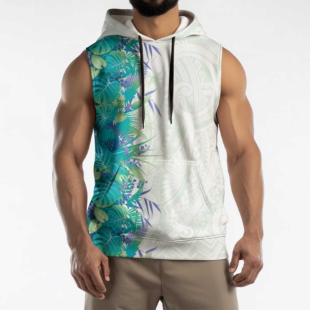 Hawaii Tropical Plant Teal Sleeveless Hoodie Vibrant Polynesian Pattern