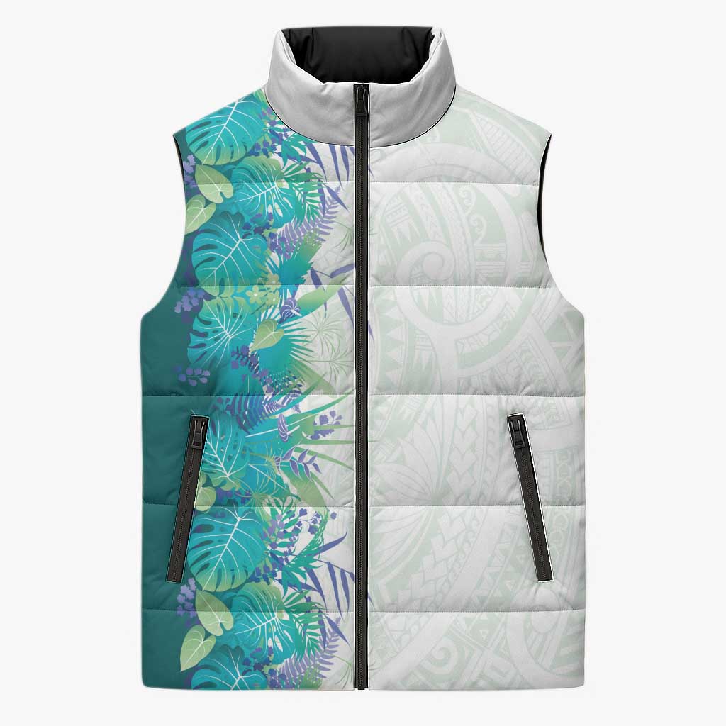 Hawaii Tropical Plant Teal Sleeveless Puffer Jacket Vibrant Polynesian Pattern