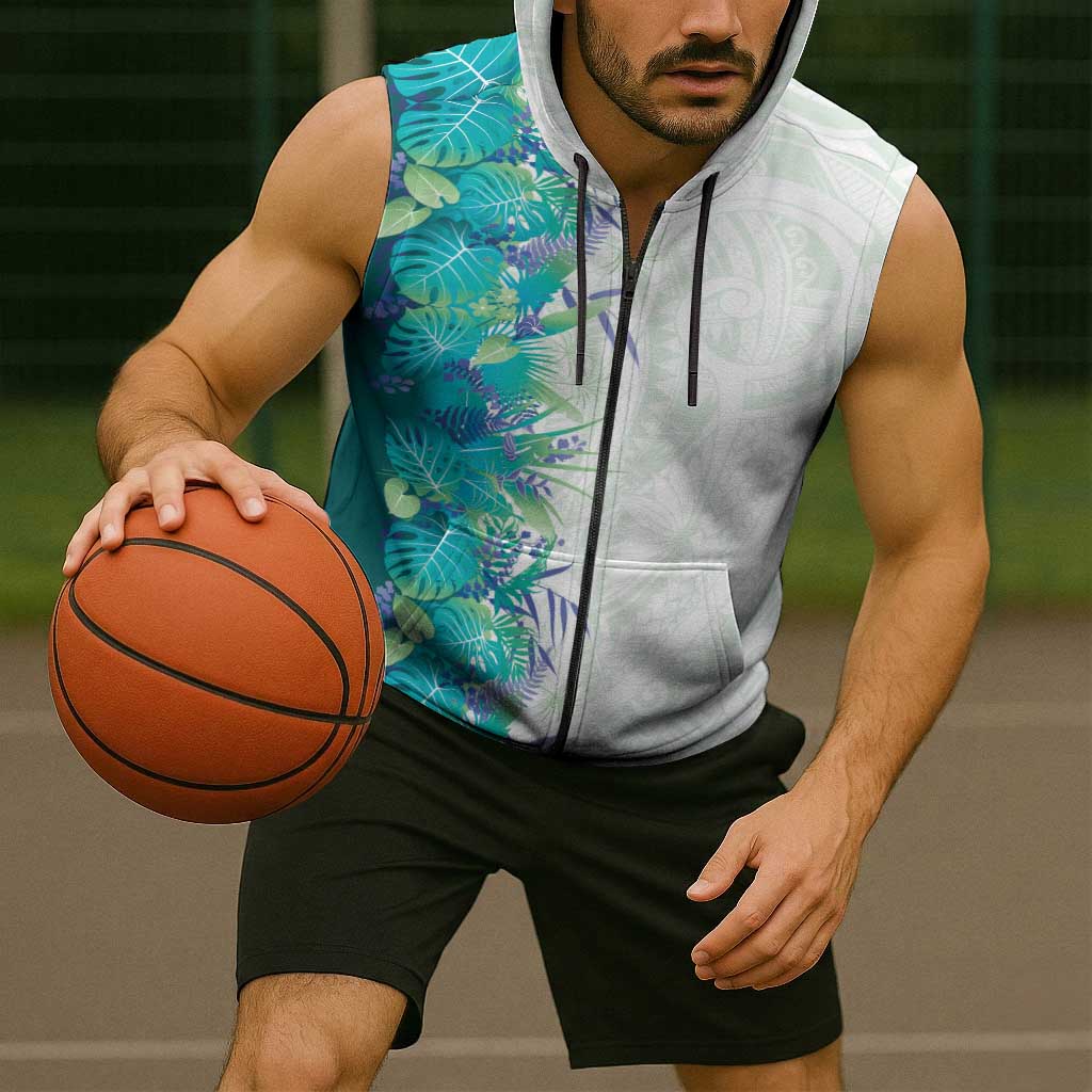Hawaii Tropical Plant Teal Sleeveless Zip Hoodie Vibrant Polynesian Pattern