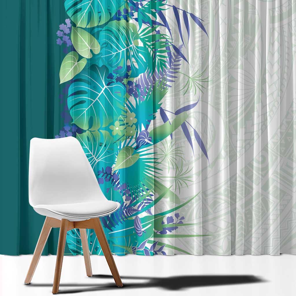 Hawaii Tropical Plant Teal Window Curtain Vibrant Polynesian Pattern