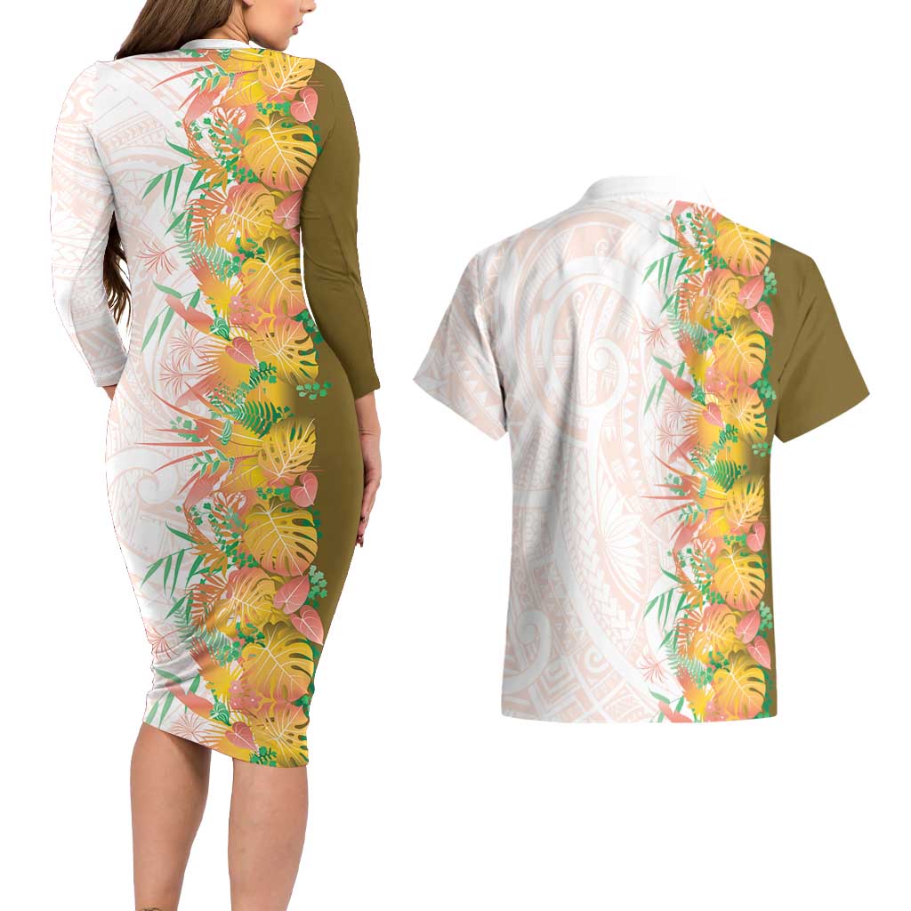 Hawaii Tropical Plant Lenalena Couples Matching Long Sleeve Bodycon Dress and Hawaiian Shirt Vibrant Polynesian Pattern
