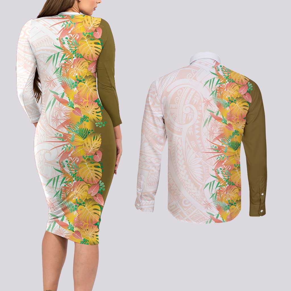 Hawaii Tropical Plant Lenalena Couples Matching Long Sleeve Bodycon Dress and Long Sleeve Button Shirt Vibrant Polynesian Pattern